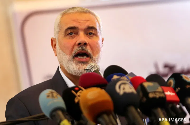 Senior political leaders of the Islamist movement, Ismail Haniyeh speaks during the opening ceremony of Sheikh Hamad's mosque, in Khan Younis in the southern Gaza strip, on April 10, 2017. Photo by Ashraf Amra
