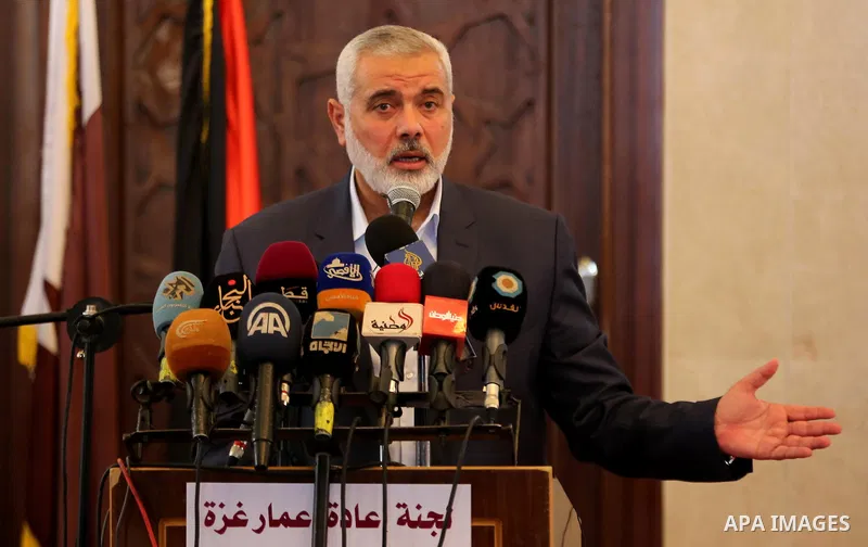 Senior political leaders of the Islamist movement, Ismail Haniyeh speaks during the opening ceremony of Sheikh Hamad's mosque, in Khan Younis in the southern Gaza strip, on April 10, 2017. Photo by Ashraf Amra
