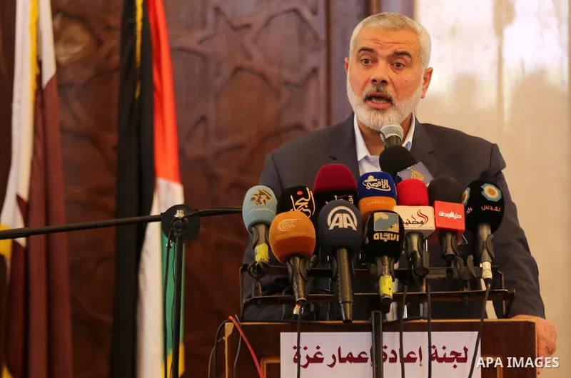 Senior political leaders of the Islamist movement, Ismail Haniyeh speaks during the opening ceremony of Sheikh Hamad's mosque, in Khan Younis in the southern Gaza strip, on April 10, 2017. Photo by Ashraf Amra