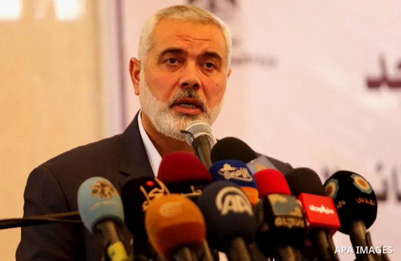 Senior political leaders of the Islamist movement, Ismail Haniyeh speaks during the opening ceremony of Sheikh Hamad's mosque, in Khan Younis in the southern Gaza strip, on April 10, 2017. Photo by Ashraf Amra