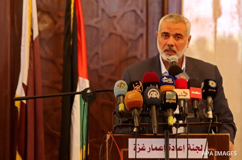 Senior political leaders of the Islamist movement, Ismail Haniyeh speaks during the opening ceremony of Sheikh Hamad's mosque, in Khan Younis in the southern Gaza strip, on April 10, 2017. Photo by Ashraf Amra