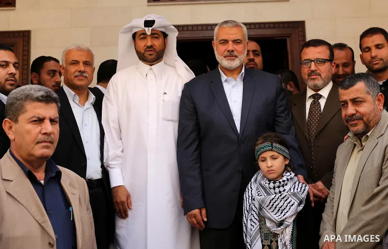 Senior political leaders of the Islamist movement, Ismail Haniyeh attends the opening ceremony of Sheikh Hamad's mosque, in Khan Younis in the southern Gaza strip, on April 10, 2017. Photo by Ashraf Amra