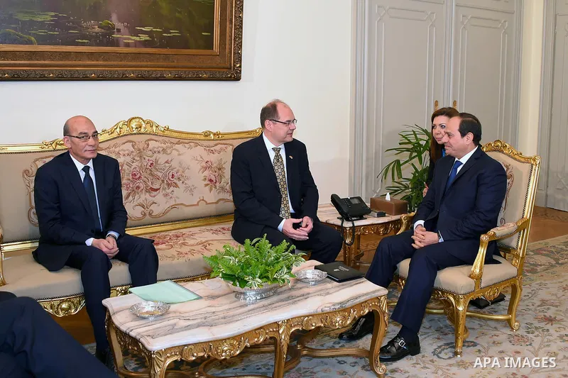 Egyptian President Abdel Fattah al-Sisi meets with German Minister for Agriculture and Food Christian Schmidt, in Cairo, Egypt, on April 11, 2017. Photo by Egyptian President Office