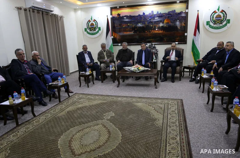 Palestinian leaders attend a meeting in Gaza city, on April 12, 2017. Photo by Ashraf Amra
