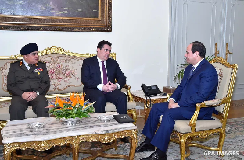 Egyptian President Abdel Fattah al-Sisi meets with Cypriot Defence Minister Christophoros Fokaides, in Cairo, Egypt, on April 12, 2017. Photo by Egyptian President Office