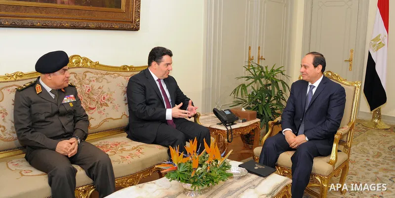 Egyptian President Abdel Fattah al-Sisi meets with Cypriot Defence Minister Christophoros Fokaides, in Cairo, Egypt, on April 12, 2017. Photo by Egyptian President Office