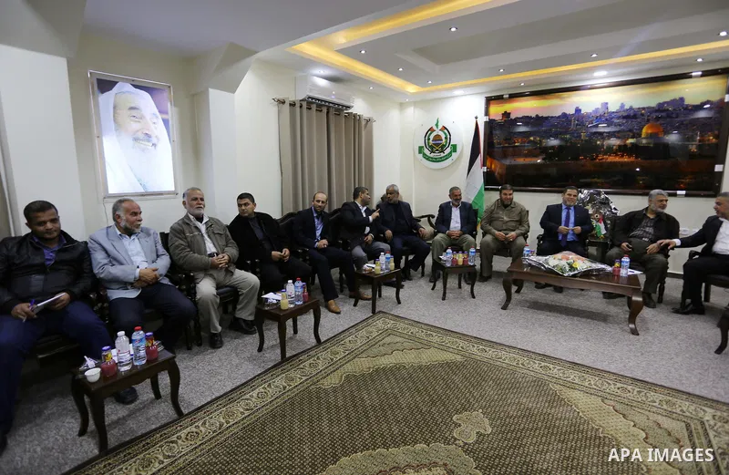Palestinian leaders attend a meeting in Gaza city, on April 13, 2017. Photo by Ashraf Amra