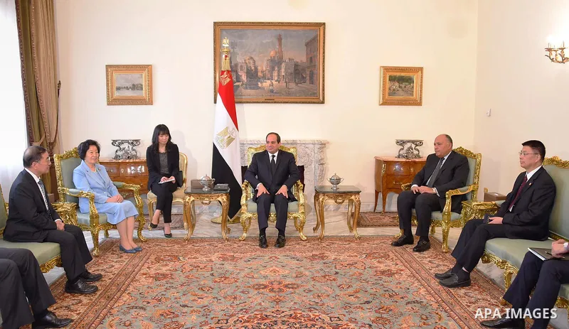 Egyptian President Abdel Fattah al-Sisi and Egyptian Foreign Minister Sameh Shoukry attend a meeting, in Cairo, Egypt, on April 13, 2017. Photo by Egyptian President Office