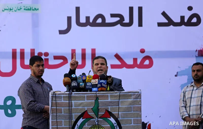 Senior Hamas leader Salah El-Bardawil, speaks during a protest in Khan Younis in the southern Gaza Strip April 14, 2017. Photo by Ashraf Amra