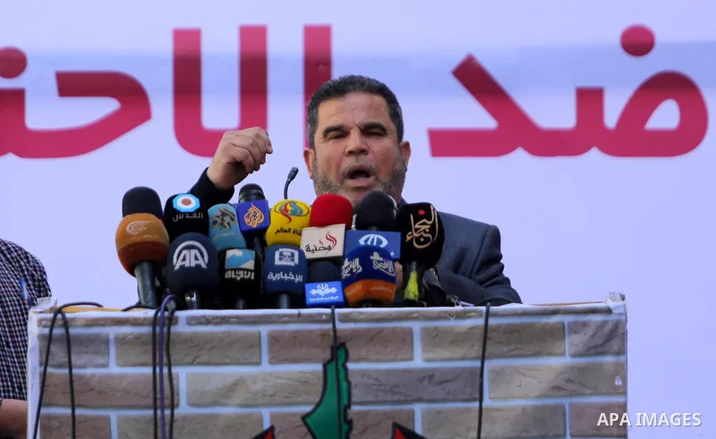 Senior Hamas leader Salah El-Bardawil, speaks during a protest in Khan Younis in the southern Gaza Strip April 14, 2017. Photo by Ashraf Amra