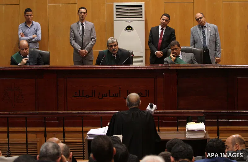 Egyptian Judges attend the trial of Alaa and Gamal Mubarak, the sons of former former president Hosni Mubarak during their trial in ''Stock Market Manipulation'' case, in Cairo, Egypt, on April 15, 2017. Gamal and Alaa M...