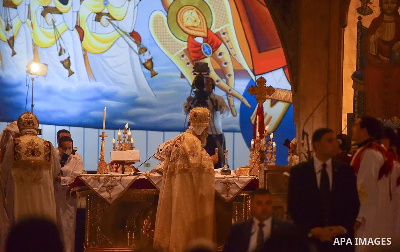 Pope Tawadros II leads an Easter Eve mass at the St. Mark church in Cairo April 15, 2017. Photo by Amr Sayed