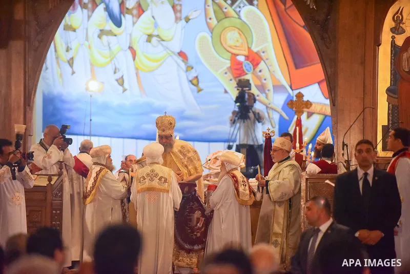 Pope Tawadros II leads an Easter Eve mass at the St. Mark church in Cairo April 15, 2017. Photo by Amr Sayed