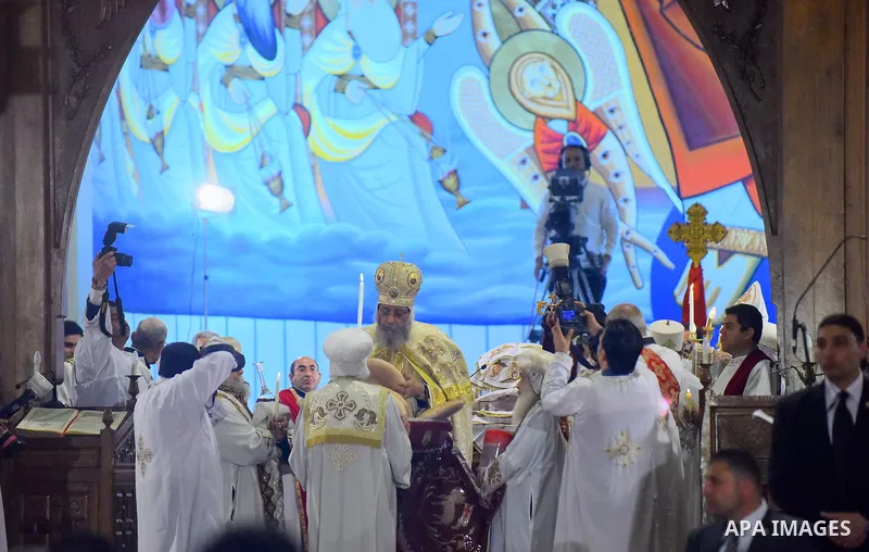 Pope Tawadros II leads an Easter Eve mass at the St. Mark church in Cairo April 15, 2017. Photo by Amr Sayed