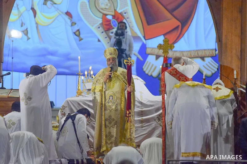 Pope Tawadros II leads an Easter Eve mass at the St. Mark church in Cairo April 15, 2017. Photo by Amr Sayed