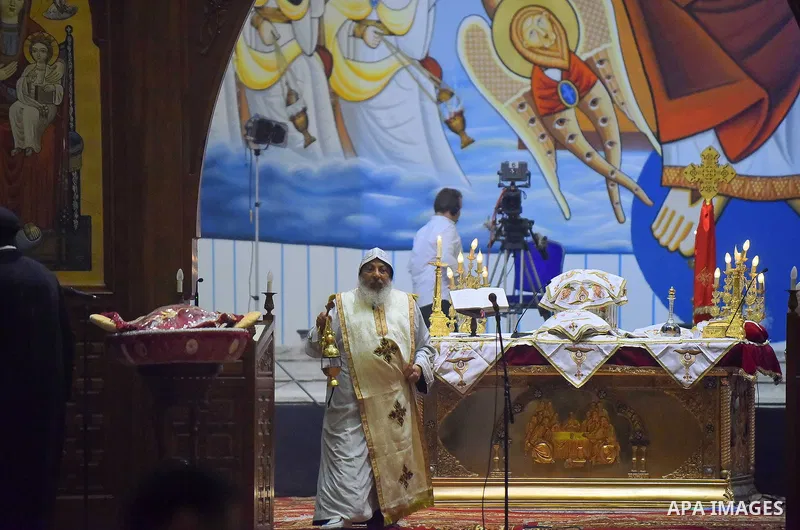 Pope Tawadros II leads an Easter Eve mass at the St. Mark church in Cairo April 15, 2017. Photo by Amr Sayed