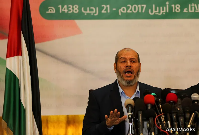 Senior Hamas leader Khalil al-Hayah speaks during a press conference, in Gaza city, on April 18, 2017. Photo by Ashraf Amra