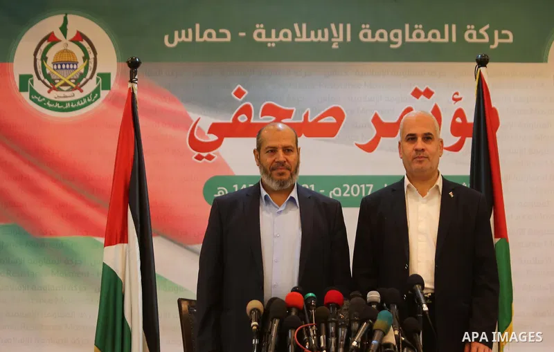 Senior Hamas leader Khalil al-Hayah speaks during a press conference, in Gaza city, on April 18, 2017. Photo by Ashraf Amra