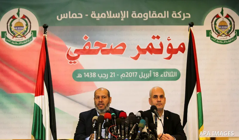 Senior Hamas leader Khalil al-Hayah speaks during a press conference, in Gaza city, on April 18, 2017. Photo by Ashraf Amra