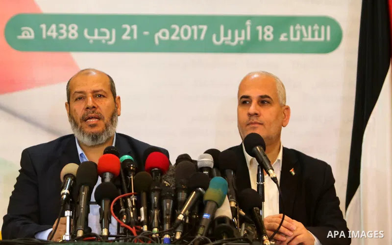 Senior Hamas leader Khalil al-Hayah speaks during a press conference, in Gaza city, on April 18, 2017. Photo by Ashraf Amra