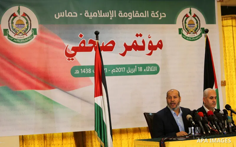 Senior Hamas leader Khalil al-Hayah speaks during a press conference, in Gaza city, on April 18, 2017. Photo by Ashraf Amra