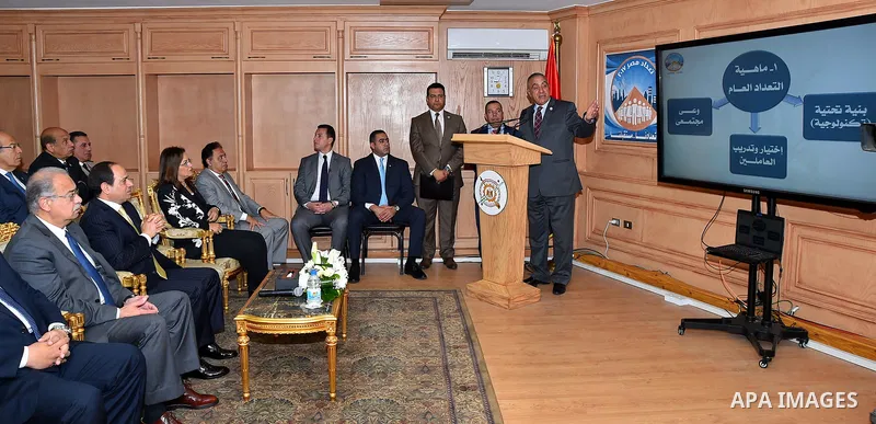 Egyptian President Abdel Fattah al-Sisi visits central agency for public mobilization and statistics, in Cairo, Egypt on April 19, 2017. Photo by Egyptian President Office