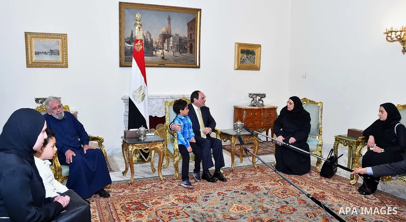 Egyptian President Abdel Fattah al-Sisi, meets with family of the martyr Ahmed Salah Eddin Malik, in Cairo, Egypt, on April 19, 2017. Photo by Egyptian President Office