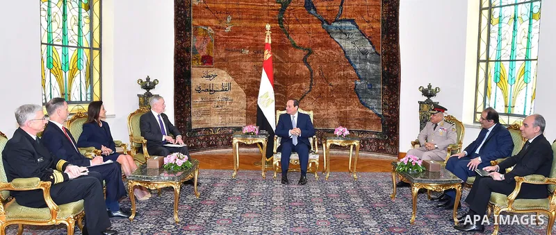 Egyptian President Abdel Fattah al-Sis welcomes US Defense Secretary James Mattis at the Ittihadiya presidential palace in Cairo on April 20, 2017. Photo by Egyptian President Office
