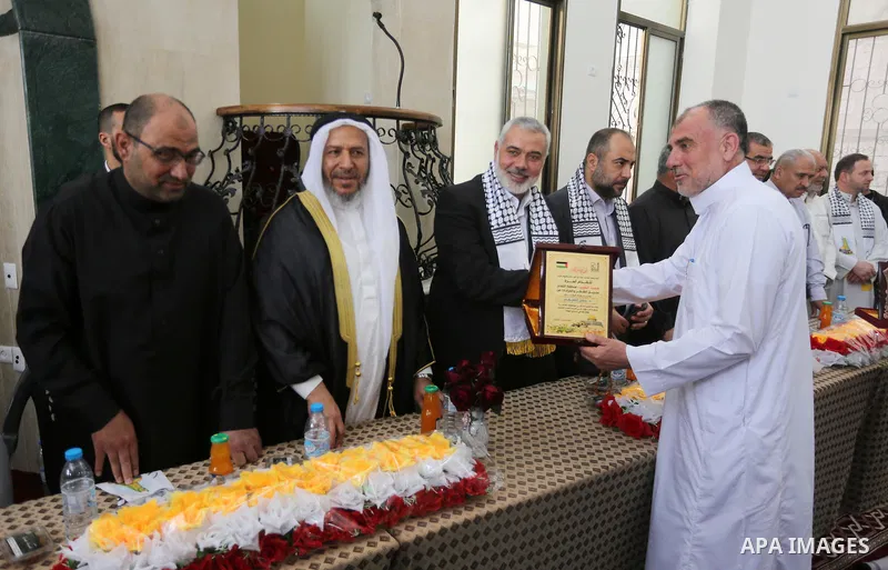 Senior political Hamas leader Ismail Haniya attends the opening of a new mosque, in al Tuffah area in the east of Gaza City on April 21, 2017. Photo by Mohammed Asad