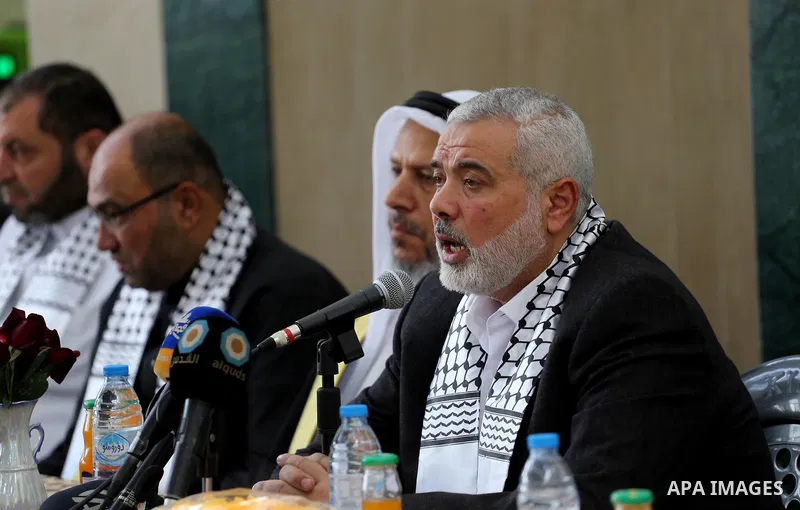 Senior political Hamas leader Ismail Haniya speaks during the opening of a new mosque, in al Tuffah area in the east of Gaza City on April 21, 2017. Photo by Mohammed Asad