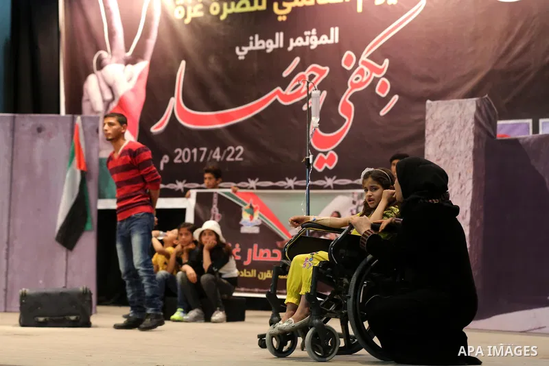 Palestinians perform during an operetta titled "enough blockade" on the International day in support of Gaza, in Gaza city on April 22, 2017. Photo by Ashraf Amra