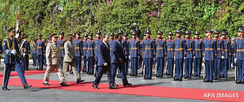 Egyptian President Abdel Fattah el-Sisi, welcomes Congolese President Joseph Kabila upon his arrival, in Cairo, Egypt on April 22, 2017.. Photo by Egyptian President Office
