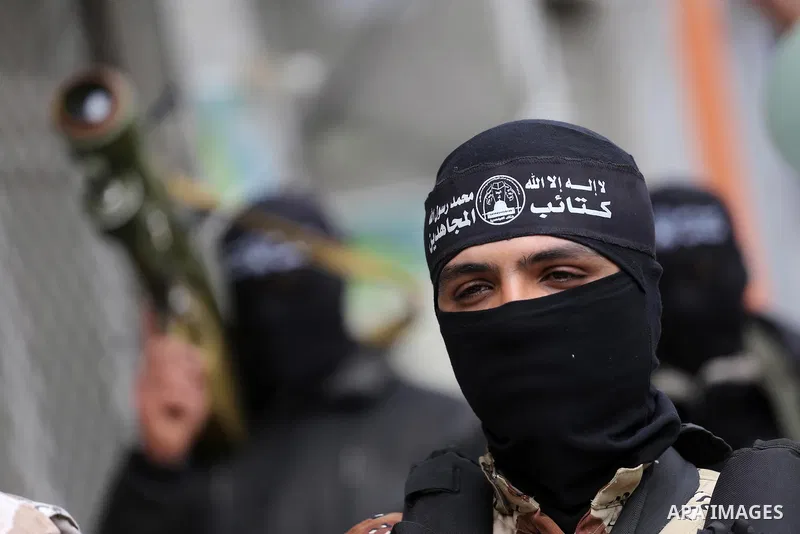 Members of al-Mujahideen brigades, the military wing of al-Mujahideen movement, attend a press conference, in Gaza city on April 24, 2017. Photo by Mohammed Asad