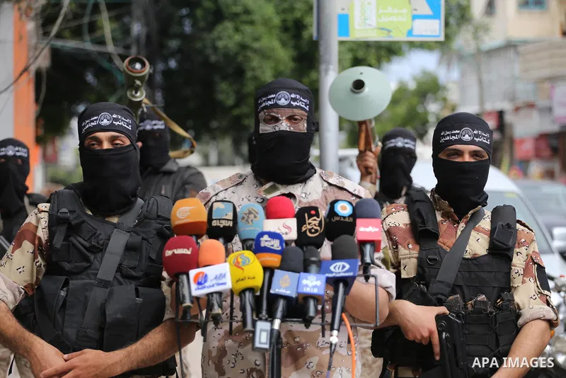 Members of al-Mujahideen brigades, the military wing of al-Mujahideen movement, attend a press conference, in Gaza city on April 24, 2017. Photo by Mohammed Asad