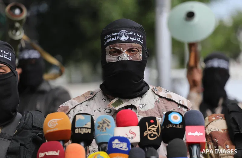 Members of al-Mujahideen brigades, the military wing of al-Mujahideen movement, attend a press conference, in Gaza city on April 24, 2017. Photo by Mohammed Asad