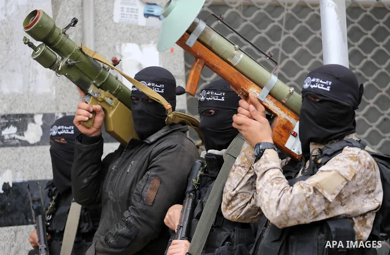 Members of al-Mujahideen brigades, the military wing of al-Mujahideen movement, attend a press conference, in Gaza city on April 24, 2017. Photo by Mohammed Asad