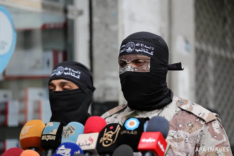 Members of al-Mujahideen brigades, the military wing of al-Mujahideen movement, attend a press conference, in Gaza city on April 24, 2017. Photo by Mohammed Asad