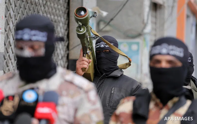 Members of al-Mujahideen brigades, the military wing of al-Mujahideen movement, attend a press conference, in Gaza city on April 24, 2017. Photo by Mohammed Asad