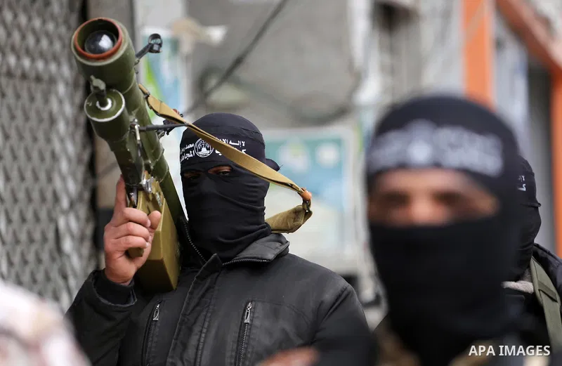 Members of al-Mujahideen brigades, the military wing of al-Mujahideen movement, attend a press conference, in Gaza city on April 24, 2017. Photo by Mohammed Asad
