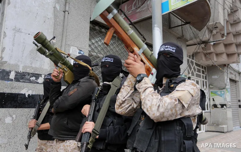 Members of al-Mujahideen brigades, the military wing of al-Mujahideen movement, attend a press conference, in Gaza city on April 24, 2017. Photo by Mohammed Asad