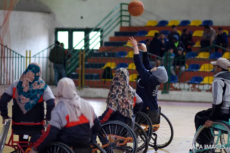 Disabled Palestinians take part in a training course to play basketball at al-Jazeera club in Gaza city on April 12, 2017. Disabled Palestinians from al-Jazeera club got many medals on thier participate in international...