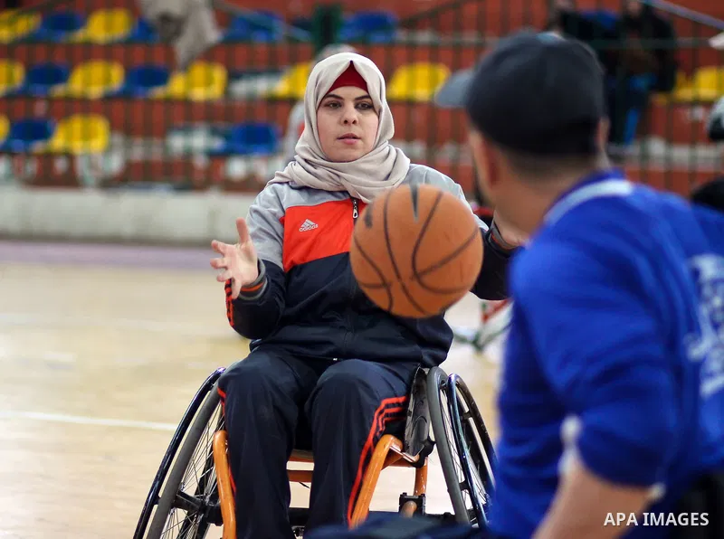 Disabled Palestinians take part in a training course to play basketball at al-Jazeera club in Gaza city on April 12, 2017. Disabled Palestinians from al-Jazeera club got many medals on thier participate in international...