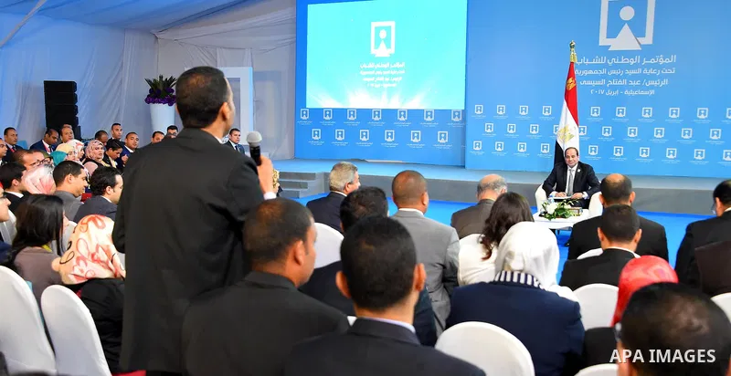 Egyptian President Abdel Fattah al-Sisi, meets with Egyptian youths during the Third Youth Conference, in Ismailia, Egypt, on April 26, 2017. Photo by Egyptian President Office