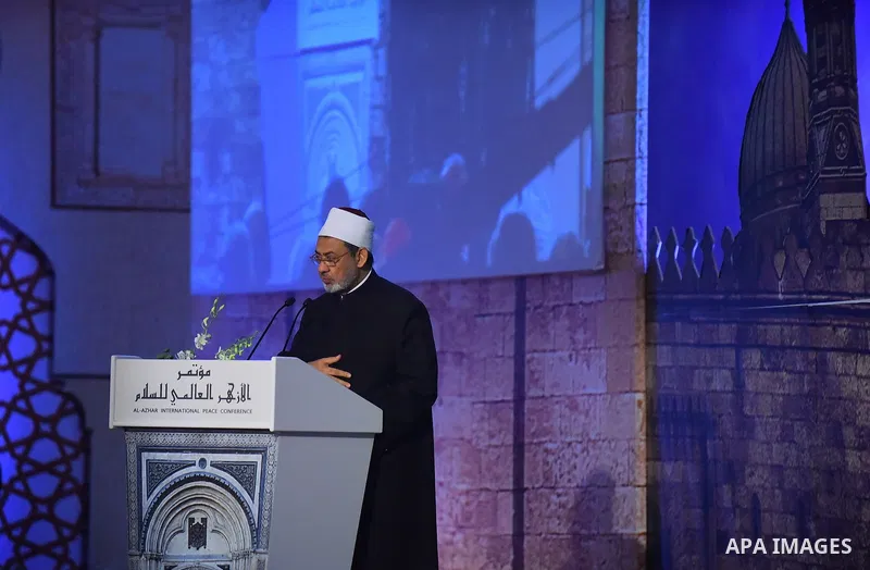 Grand Imam of Egypt's al-Azhar Institution, Ahmed al-Tayeb, speaks during the "Al-Azhar World Peace" conference organized by Al-Azhar in Cairo, Egypt on April 27, 2017. Photo by Stringer