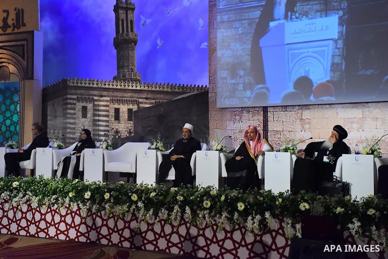 Grand Imam of Egypt's al-Azhar Institution, Ahmed al-Tayeb, and Bartholomew I, Archbishop of Constantinople attend the "Al-Azhar World Peace" conference organized by Al-Azhar in Cairo, Egypt on April 27, 2017. Photo by S...