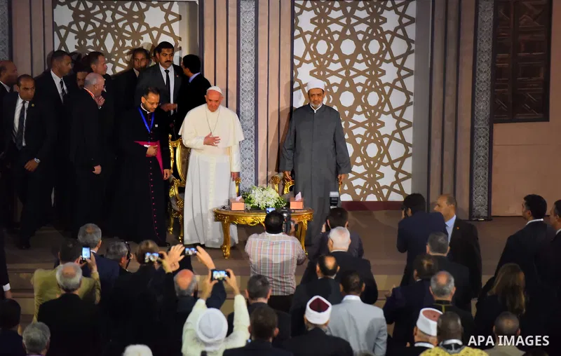 Pope Francis meets with Sheikh Ahmed al-Tayeb, the Grand Imam of Al-Azhar, during a visit to the prestigious Sunni institution in Cairo on April 28, 2017. Pope Francis began a visit to Egypt to promote "unity and fratern...