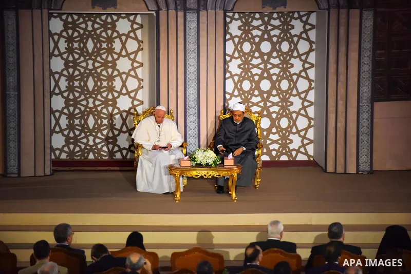 Pope Francis meets with Sheikh Ahmed al-Tayeb, the Grand Imam of Al-Azhar, during a visit to the prestigious Sunni institution in Cairo on April 28, 2017. Pope Francis began a visit to Egypt to promote "unity and fratern...