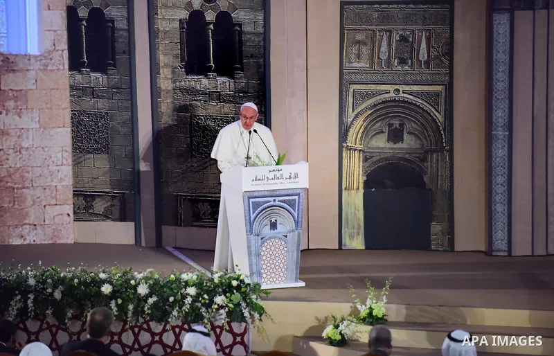 Pope Francis delivers a speech during a visit to the prestigious Sunni institution Al-Azhar in the Egyptian capital Cairo on April 28, 2017. Pope Francis began a visit to Egypt to promote "unity and fraternity" among Mus...