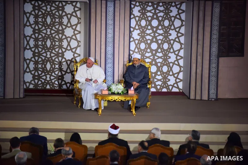 Pope Francis meets with Sheikh Ahmed al-Tayeb, the Grand Imam of Al-Azhar, during a visit to the prestigious Sunni institution in Cairo on April 28, 2017. Pope Francis began a visit to Egypt to promote "unity and fratern...