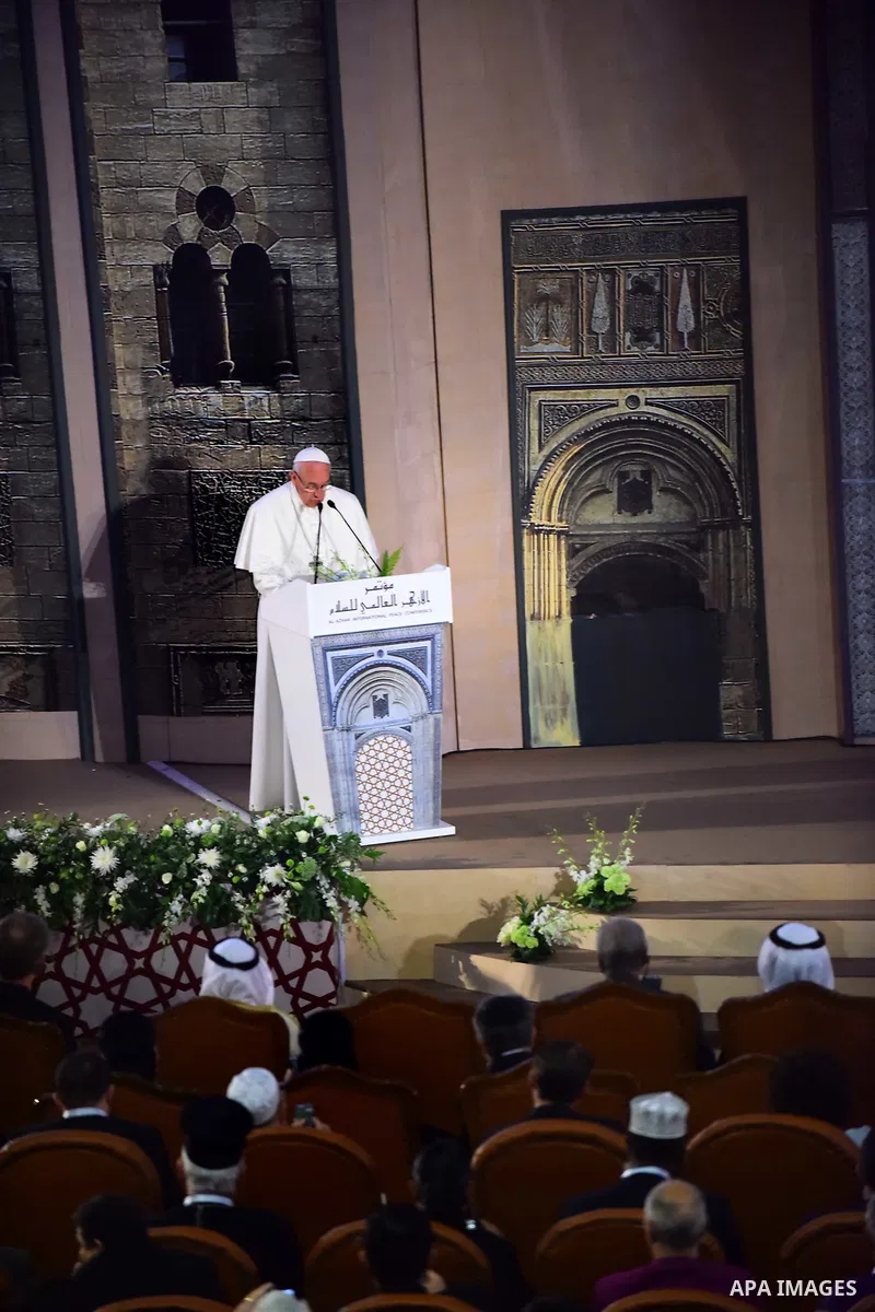 Pope Francis delivers a speech during a visit to the prestigious Sunni institution Al-Azhar in the Egyptian capital Cairo on April 28, 2017. Pope Francis began a visit to Egypt to promote "unity and fraternity" among Mus...